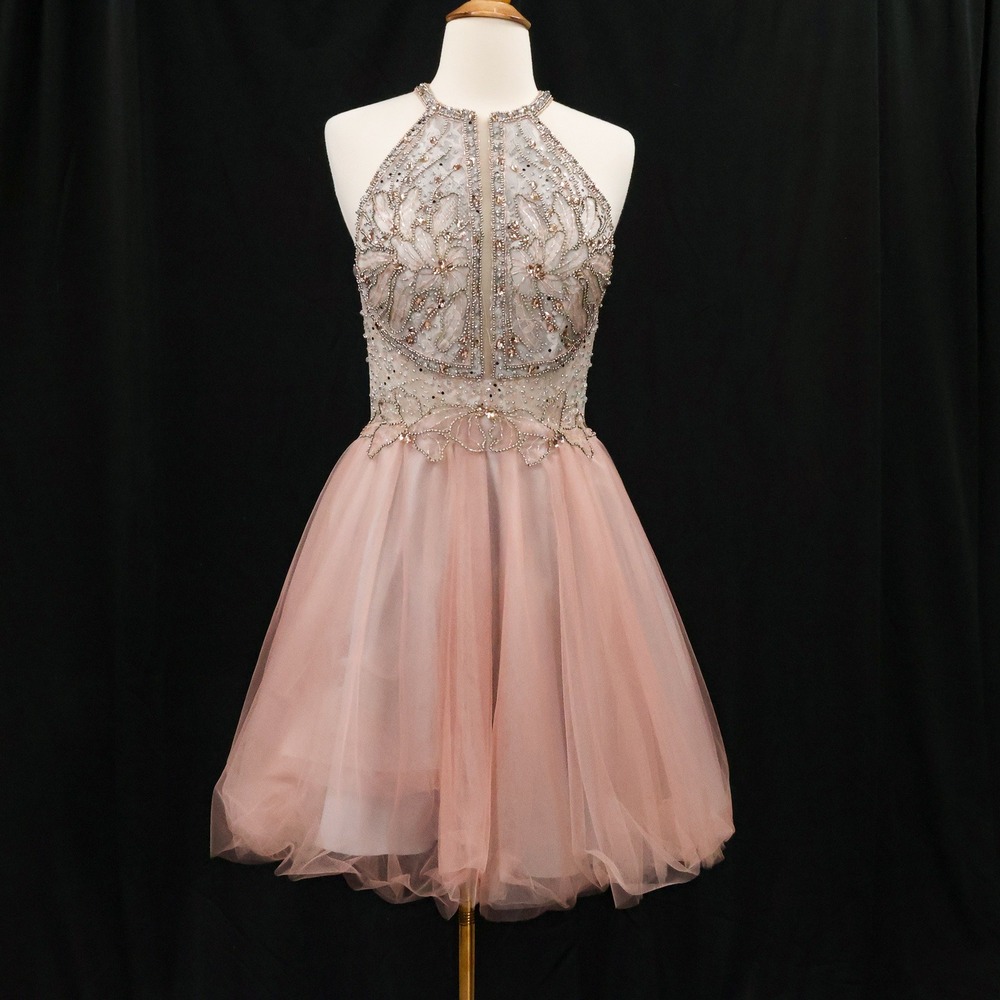 Terani Couture Cocktail Dress Womens 10 Beaded Tulle Halter Pink Princess
